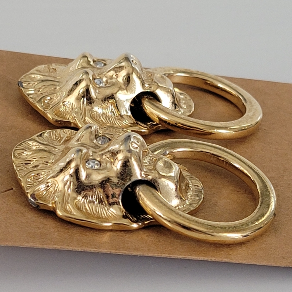 Lion Head Door Knocker Earrings Gold Plated Crystal Eyes KENNETH J LANE x AVON - Picture 4 of 15